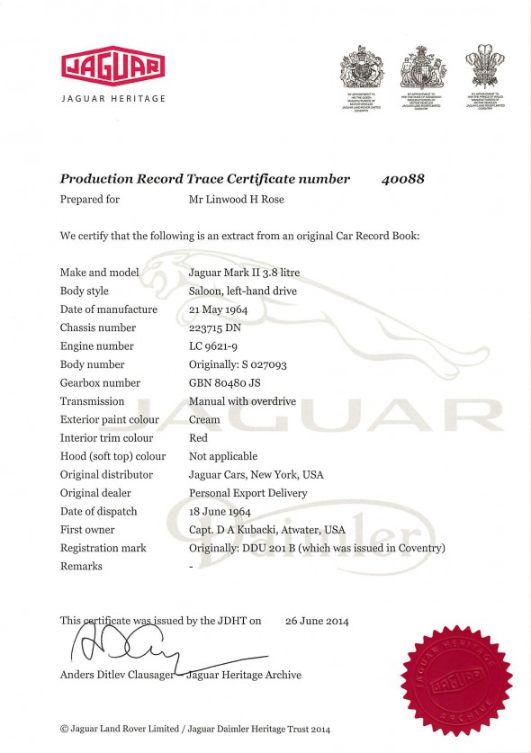 Jaguar Heritage Certificate MK2